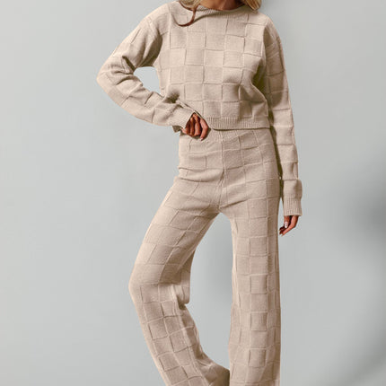 Double Take Full Size Checkered Round Neck Top and Pants Set