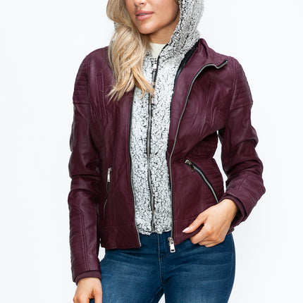 YMI Faux Layered Double-Zipper Jacket with Fuzzy Hood