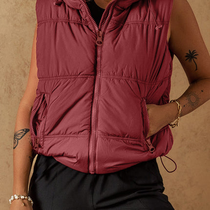 Drawstring Zip Up Hooded Vest Coat