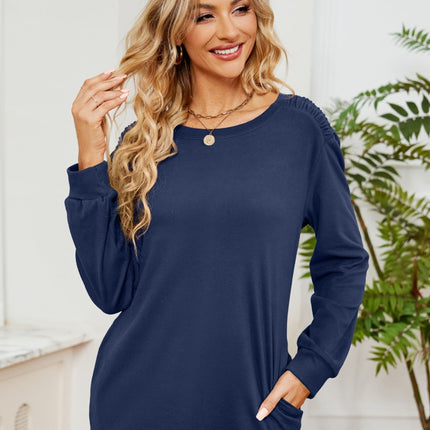 Ruched Shoulder Round Neck Long Sleeve Sweatshirt