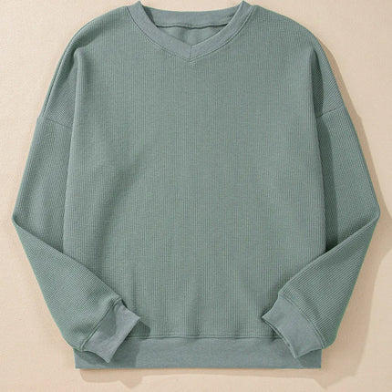 Waffle-Knit Long Sleeve Dropped Shoulder Top - Vickie Lynn's