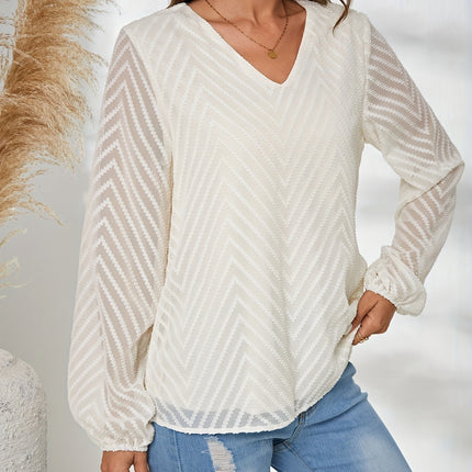 Textured V-Neck Balloon Sleeve Blouse