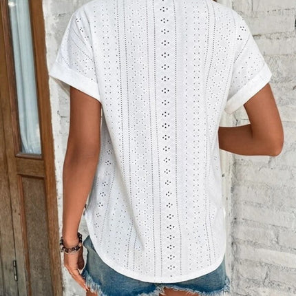 Eyelet Round Neck Short Sleeve T-Shirt