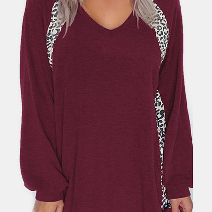 Full Size Leopard V-Neck Long Sleeve T-Shirt