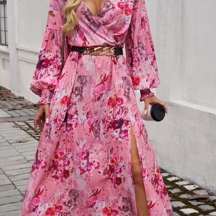 Split Printed Surplice Long Sleeve Midi Dress