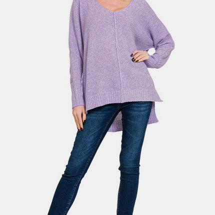 Zenana High-Low Center Seam V-Neck Sweater