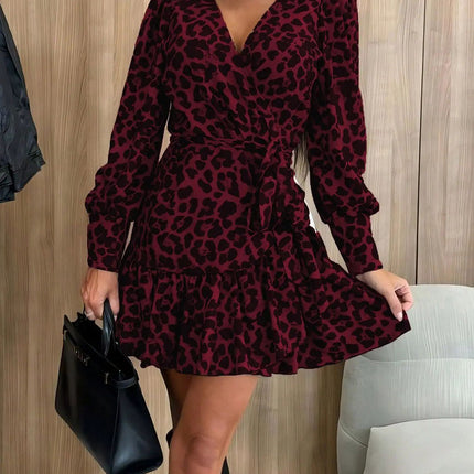 Tied Leopard Surplice Long Sleeve Dress