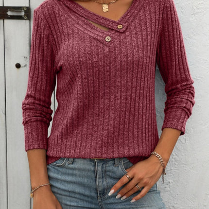 Ribbed V-Neck Long Sleeve T-Shirt