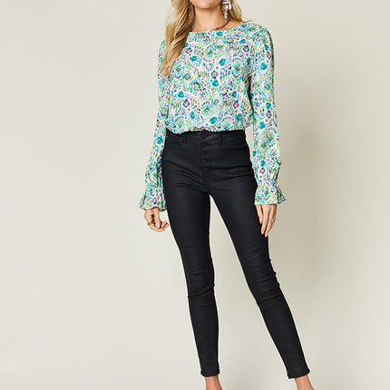 Double Take Full Size Printed Flounce Sleeve Blouse