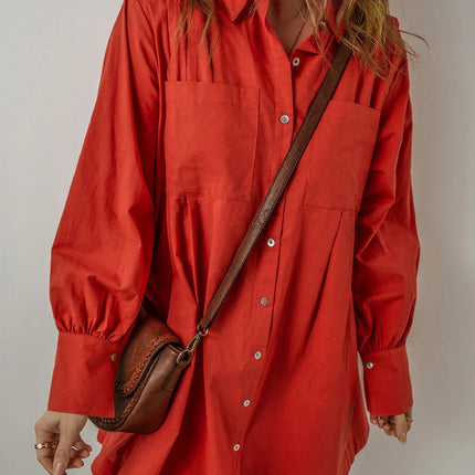 Pocketed Button Down Long Sleeve Shirt Dress