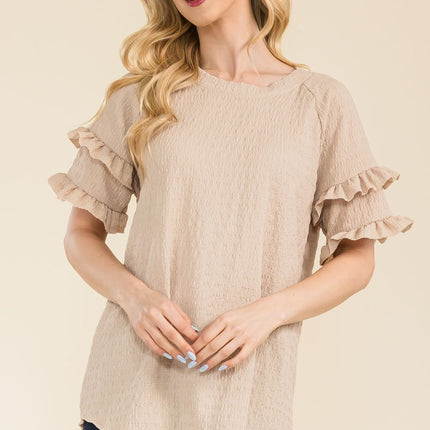 Celeste Full Size Ruffle Short Sleeve Texture Top