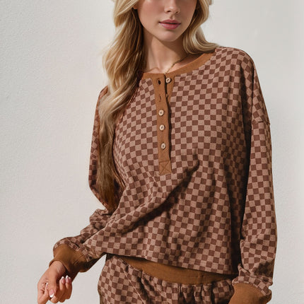 Double Take Checkered Half Button Top and Shorts Set - Vickie Lynn's