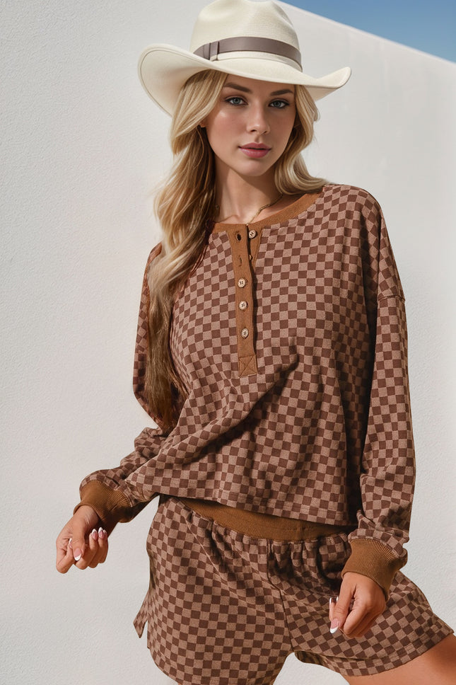 Double Take Checkered Half Button Top and Shorts Set - Vickie Lynn's