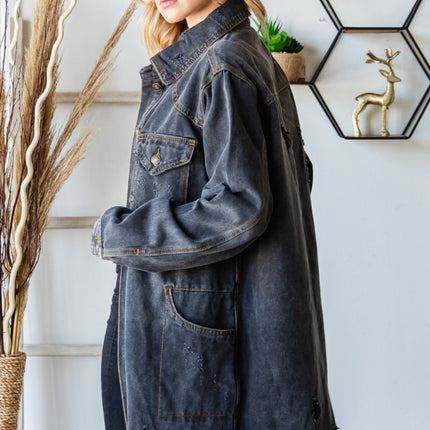 Veveret Button Up Distressed Frayed Hem Denim Jacket