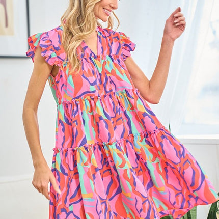 First Love Full Size Printed Ruffle Cap Sleeve Tiered Dress