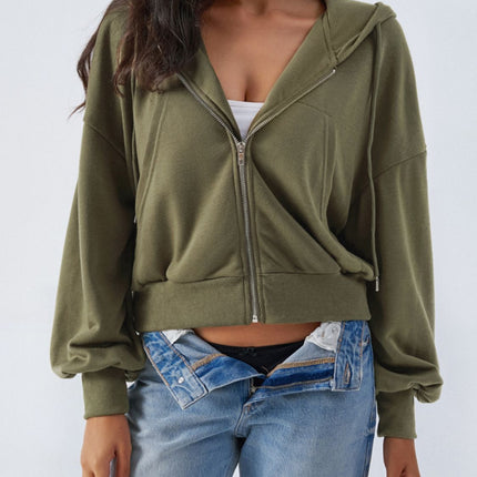 Devine Drawstring Zip Up Long Sleeve Hoodie