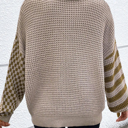 Striped & Checkered Turtleneck Dropped Shoulder Sweater