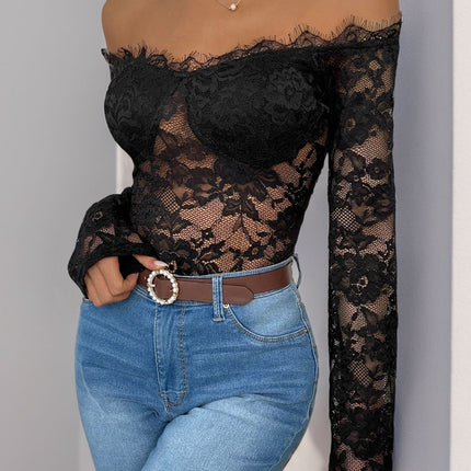 Perfee Lace Off-Shoulder Long Sleeve Bodysuit