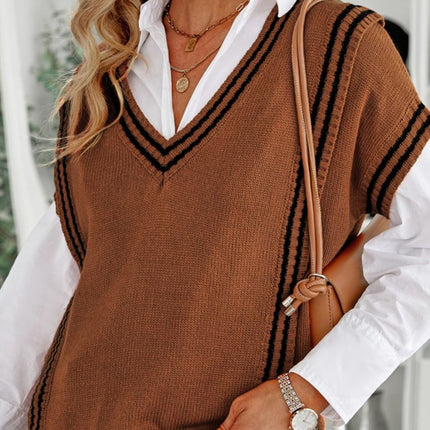 Striped Trim V-Neck Sweater Vest