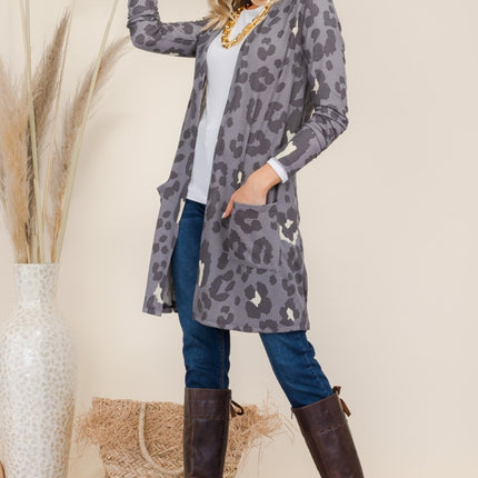 Celeste Full Size Leopard Open Front Contrast Cardigan