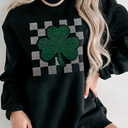 Rhinestone Checkered Lucky Clover Round Neck Sweatshirt