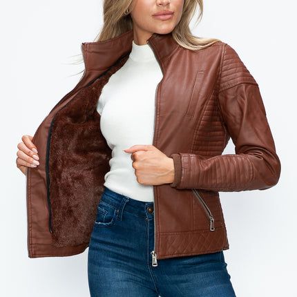 YMI Faux Layered Double-Zipper Jacket with Fuzzy Hood