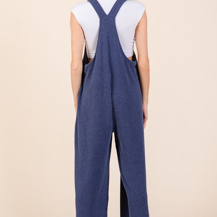 BOMBOM Knot Straps Wide Leg Ribbed Overalls with Pockets