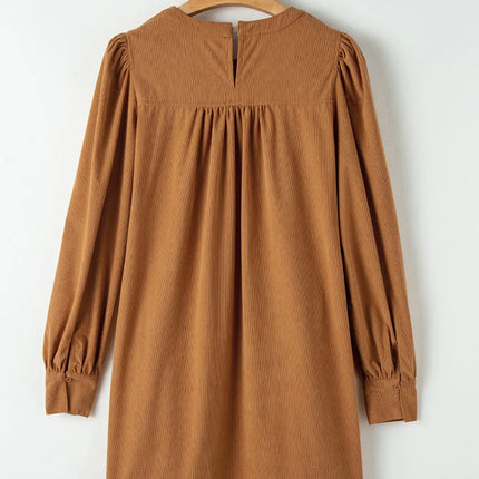 Ruched Round Neck Long Sleeve Dress