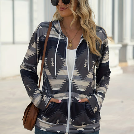 Geometric Zip Up Long Sleeve Hooded Jacket