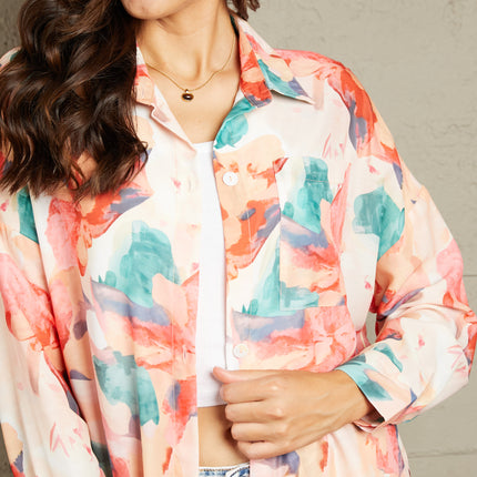 Double Take Floral Long Sleeve Slit Longline Shirt