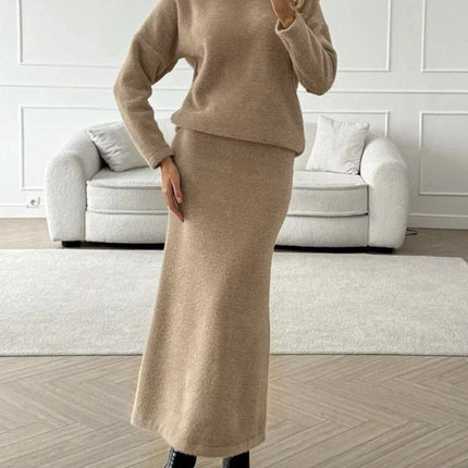 Round Neck Dropped Shoulder Top and Midi Skirt Sweater Set