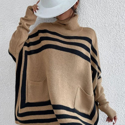 Striped Turtleneck Batwing Sleeve Sweater with Pockets