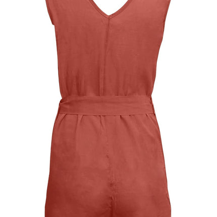 Full Size Tied V-Neck Sleeveless Romper with Pockets