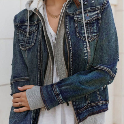 Fake Two-Piece Hooded Zip-Up Denim Jacket