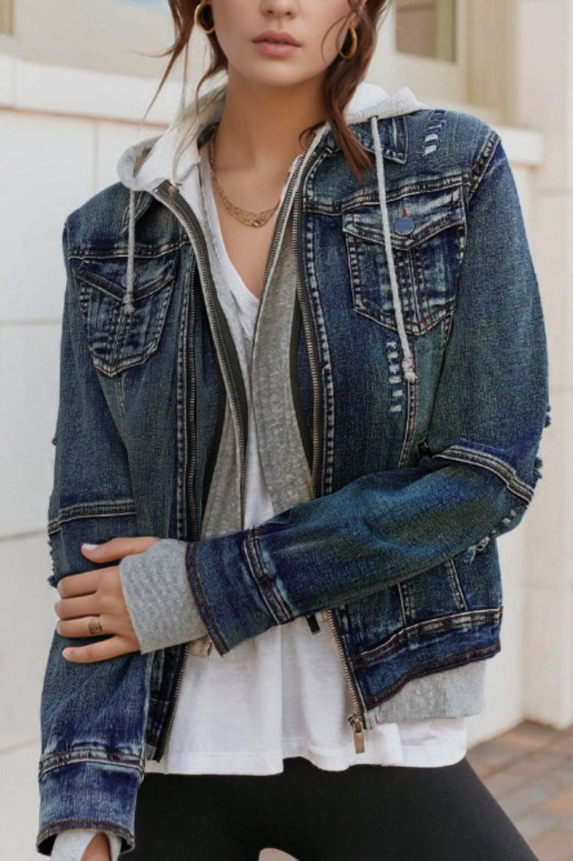 Fake Two-Piece Hooded Zip-Up Denim Jacket