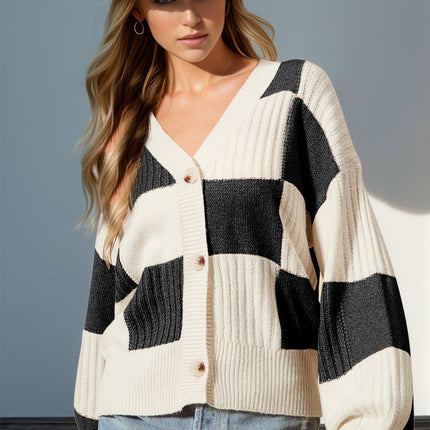 Double Take Full Size Checkered Dropped Shoulder Cardigan - Vickie Lynn's