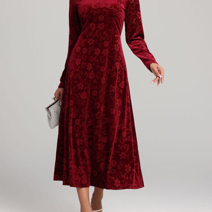 Flower Print V-Neck Long Sleeve Midi Dress