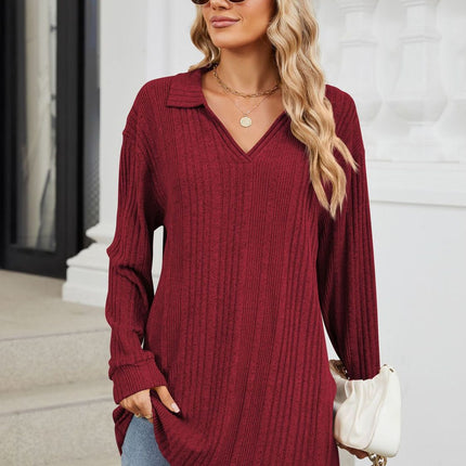 Slit Johnny Collar Long Sleeve T-Shirt