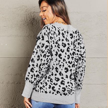 Double Take Leopard V-Neck Dropped Shoulder Top