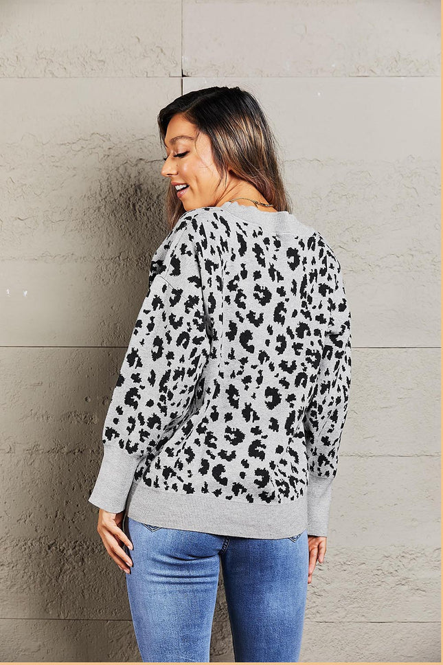 Double Take Leopard V-Neck Dropped Shoulder Top