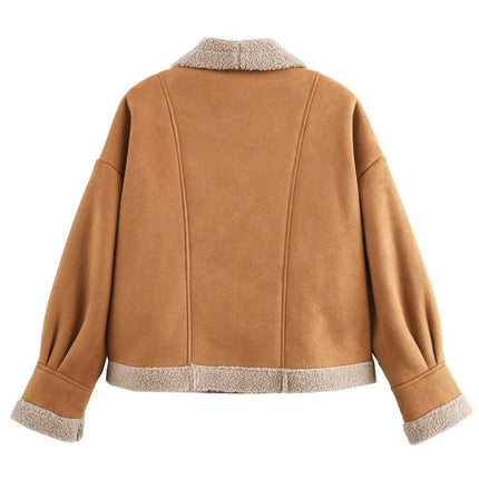 Fuzzy Collared Neck Long Sleeve Jacket