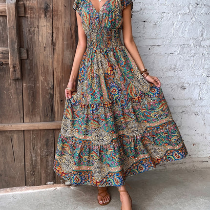 Smocked Printed Cap Sleeve Midi Dress