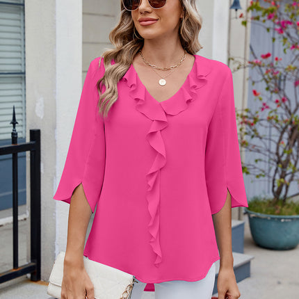 Ruffled V-Neck Three-Quarter Sleeve Blouse