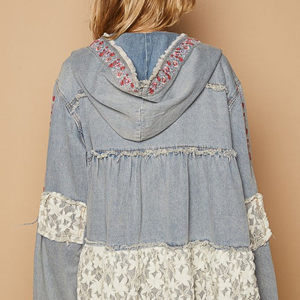 POL Embroidered Lace Patch Zip Up Hooded Jacket