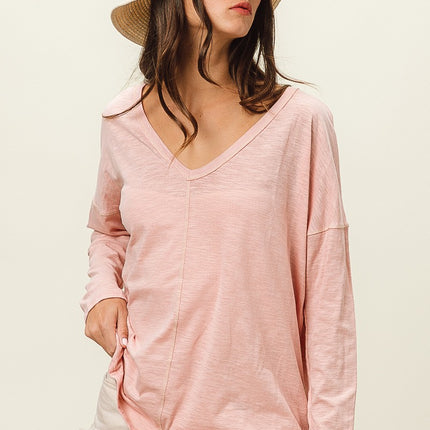 BiBi Exposed Seam V-Neck Long Sleeve T-Shirt