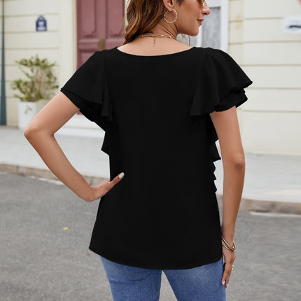 Ruffled V-Neck Short Sleeve Top