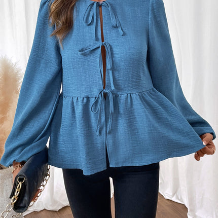 Peplum Tie Neck Balloon Sleeve Blouse