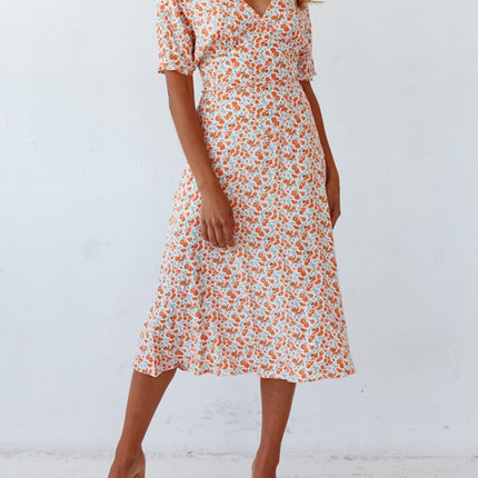 Ditsy Floral V-Neck Short Sleeve Midi Dress