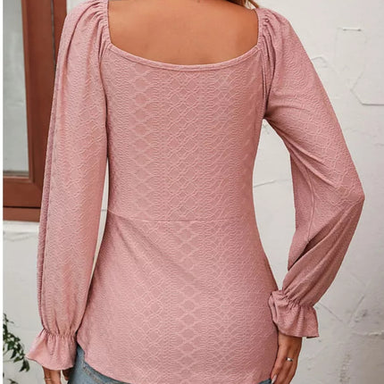 Full Size Drawstring Ruffled V-Neck Long Sleeve Blouse