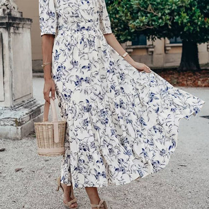 Ruched Tiered Floral Half Sleeve Dress